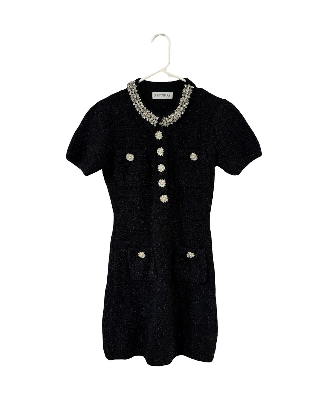 Jessica Bara Black Short-Sleeve Jewel-Collar Mini Tweed Dress Size Large